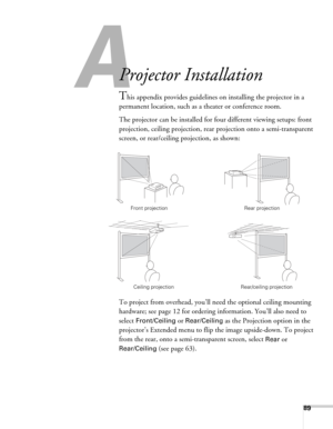 Page 8989
A
Projector Installation
This appendix provides guidelines on installing the projector in a 
permanent location, such as a theater or conference room.
The projector can be installed for four different viewing setups: front 
projection, ceiling projection, rear projection onto a semi-transparent 
screen, or rear/ceiling projection, as shown: 
To project from overhead, you’ll need the optional ceiling mounting 
hardware; see page 12 for ordering information. You’ll also need to 
select 
Front/Ceiling or...