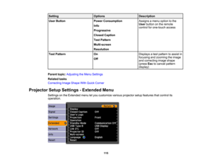 Page 115

Setting
 Options
 Description

User
Button
 Power
Consumption
 Assigns
amenu option tothe
 User
button onthe remote
 Info

control
forone-touch access
 Progressive

Closed
Caption
 Test
Pattern
 Multi-screen

Resolution

Test
Pattern
 On
 Displays
atest pattern toassist in
 focusing
andzooming theimage
 Off

and
correcting imageshape
 (press
Esctocancel pattern
 display)

Parent
topic:Adjusting theMenu Settings
 Related
tasks
 Correcting
ImageShape WithQuick Corner
 Projector
SetupSettings -Extended...
