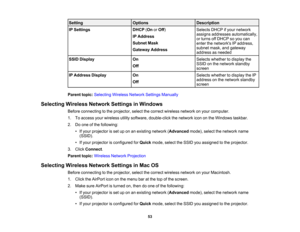 Page 53

Setting
 Options
 Description

IP
Settings
 DHCP
(On orOff )
 Selects
DHCPifyour network
 assigns
addresses automatically,
 IP
Address
 or
turns offDHCP soyou can
 Subnet
Mask
 enter
thenetworks IPaddress,
 subnet
mask,andgateway
 Gateway
Address
 address
asneeded
 SSID
Display
 On
 Selects
whether todisplay the
 SSID
onthe network standby
 Off

screen

IP
Address Display
 On
 Selects
whether todisplay theIP
 address
onthe network standby
 Off

screen

Parent
topic:Selecting...