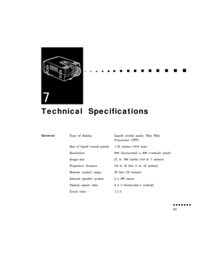 Page 111Technical Specifications
GeneralType of display
Size of liquid crystal panels
Resolution
Image size
Projection distance
Remote control range
Internal speaker system
Optical aspect ratio
Zoom ratioLiquid crystal panel, Thin Film
Transistor (TFT)
1.32 inches (33.6 mm)
800 (horizontal)x 600 (vertical) pixels
21 to 300 inches(0.6 to 7 meters)
3.9 to 33 feet (1to 10 meters)
33 feet (10 meters)
2 x 2W stereo
4 x 3 (horizontalx vertical)
1:1.3 