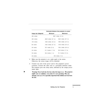 Page 23Image size (diagonal)Horizontal distance from projector to screen
MinimumMaximum
300 inches
200 inches
100 inches
80 inches
60 inches
40 inches
30 inches
23 inches393.7 inches (10 m)
263.8 inches (6.7 m)342.5 inches (8.7 m)
129.9 inches (3.3 m)169.3 inches (4.3 m)
106.3 inches (2.7 m)137.8 inches (3.5 m)
78.7 inches (2 m)102.4 inches (2.6 m)
51 .2inches(1.3 m)66.9inches(1.7m)
39.4inches
(1m)51 .2inches(1.3m)39.4 inches (1 m)
3.Make sure the projector is at a right angle to the screen.
Otherwise, the...