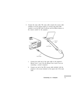 Page 31Connect the main cable. The main cable connects the mouse cable
(needed to use the remote control as a mouse) and serial cable
(needed to use the ELP Link II software and the Effects buttons on
the remote control) to the projector.a.Connect the small end of the main cable to the projector’s
Mouse/Corn 1 port. (Use the Mouse/Corn 2 port if you are
connecting a second computer.)
b.Connect one end of the PS/2 mouse cable included with the
projector to the mouse terminal on the square end of the main
cable....