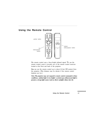 Page 55Using the Remote Control
pointer button
multi-purpose
button’ bottom
multi-purpose button
The remote control uses a line-of-sight infrared signal. To use the
remote control, point it towards one of the remote control receivers
located at the front and back of the projector.
You can use the remote control up to about 33 feet (10 meters) from
the projector. (This distance may be shorter if the remote control
batteries are low.)
Note: The projector may not respond to remote control commands in these...