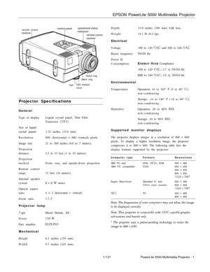 Page 1remote control+v
f&us ring
zoom ring
foot’fobt release
lever
Projector SpecificationsGeneral
Type of display
Size of liquid
crystal panels
Resolution
Image size
Projection
distance
Projection
method
Remote control
range
Internal speaker
system
Optical aspect
ratio
Zoom ratioLiquid crystal panel, Thin Film
Transistor 
(TFT)1.32 inches (33.6 mm)
800 (horizontal)x 600 (vertical) pixels
21 to 300 inches(0.6 to 7 meters)
3.3 to 33 feet (1 to 10 meters)
Front, rear, and upside-down projection
33 feet (10...