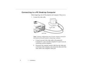 Page 261  •   Ins tal la tion
Connecting to a  P C D esktop Computer  
mo nit o r ca ble
vid eo c ab le
pro -c h1.fm   P age  8  Friday,  November 7, 199 7  5:22 PM 