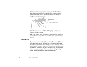 Page 502  •  Us in g  th e P roj ect or
W hen  you  wan t t o s to p pr ojec tin g  im age s, p re ss  th e Po wer  bu tt o n 
p ow er in d ica to r
pro -c h2.fm   P age 3 2  M onday,  November 10, 199 7  1:36 PM 