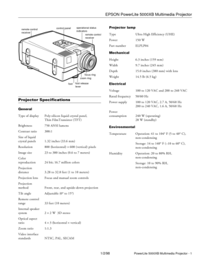 Page 1EPSON PowerLite 5000XB Multimedia Projector
1/2/98PowerLite 5000XB Multimedia Projector - 1
Projector Specifications 
General
Type of display Poly-silicon liquid crystal panel, 
Thin FilmTransistor (TFT)
Brightness 750 ANSI lumens
Contrast ratio 300:1
Size of liquid 
crystal panels 1.32 inches (33.6 mm)
Resolution 800 (horizontal) 
´ 600 (vertical) pixels
Image size 23 to 300 inches (0.6 to 7 meters)
Color 
reproduction 24 bit; 16.7 million colors
Projection 
distance 3.28 to 32.8 feet (1 to 10 meters)...