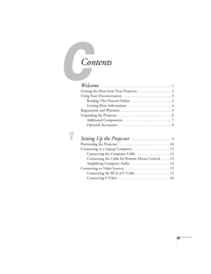 Page 3C
iii
Contents
Welcome  . . . . . . . . . . . . . . . . . . . . . . . . . . . . . . . . . . . . . 1
Getting the Most from Your Projector  . . . . . . . . . . . . . . . . .   2
Using Your Documentation   . . . . . . . . . . . . . . . . . . . . . . . . . 3
Reading This Manual Online  . . . . . . . . . . . . . . . . . . . . . 3
Getting More Information   . . . . . . . . . . . . . . . . . . . . . . . 4
Registration and Warranty . . . . . . . . . . . . . . . . . . . . . . . . . . . 5
Unpacking the Projector...