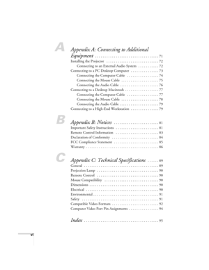 Page 6vi
AAppendix A: Connecting to Additional 
Equipment 
. . . . . . . . . . . . . . . . . . . . . . . . . . . . . . . . . . 71
Installing the Projector   . . . . . . . . . . . . . . . . . . . . . . . . . . . . 72
Connecting to an External Audio System  . . . . . . . . . . . 72
Connecting to a PC Desktop Computer  . . . . . . . . . . . . . . . 73
Connecting the Computer Cable   . . . . . . . . . . . . . . . . . 74
Connecting the Mouse Cable  . . . . . . . . . . . . . . . . . . . . 75
Connecting the Audio...