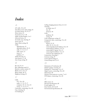 Page 76Index71
Index
A
A/V cable, 18 to 20
A/V Mute screen color setting, 42
A/VMute button, 34, 54, 57
About menu, 43
Accessories, 6 to 7, 58
Adobe Acrobat Reader, 2 to 3
Advanced menu, 42
Air intake vent, cleaning, 47
Arrow tool, 35
Aspect Ratio setting, 40
Audio
adjusting tone, 41
adjusting volume, 34, 41
cable, 11, 13, 15, 17
cable, stereo, 21
menu, 41
problems, 57
Audio Out jack, 21
Auto button, 27, 30
Auto Setup setting, 40
B
Bar tool, 35, 41
Bass, adjusting sound, 41
Batteries, remote control, 31
Blank...