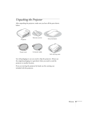 Page 11Welcome5
Unpacking the Projector 
After unpacking the projector, make sure you have all the parts shown 
below:
Save all packaging in case you need to ship the projector. Always use 
the original packaging (or equivalent) when you need to send the 
projector to another location.
If you are moving the projector by hand, use the carrying case 
included with the projector.
S-Video/Video ComputerMenuA/V Mute
E-ZoomFreezeColor ModeP
ow
er
ESC
AutoEnter
ProjectorRemote control
Documentation
Power cordComputer...