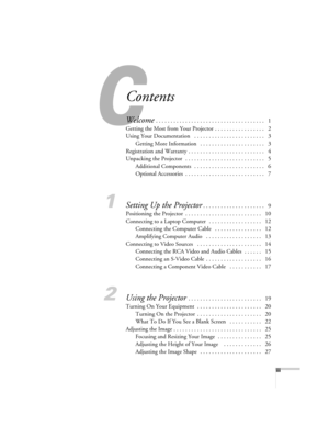 Page 3C
iii
Contents
Welcome . . . . . . . . . . . . . . . . . . . . . . . . . . . . . . . . . . . . .   1
Getting the Most from Your Projector . . . . . . . . . . . . . . . . .   2
Using Your Documentation   . . . . . . . . . . . . . . . . . . . . . . . .   3
Getting More Information   . . . . . . . . . . . . . . . . . . . . . .   3
Registration and Warranty . . . . . . . . . . . . . . . . . . . . . . . . . .   4
Unpacking the Projector   . . . . . . . . . . . . . . . . . . . . . . . . . . .   5
Additional...