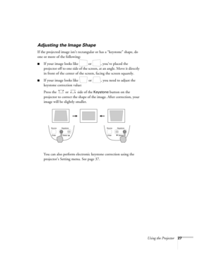 Page 33Using the Projector27
Adjusting the Image Shape
If the projected image isn’t rectangular or has a “keystone” shape, do 
one or more of the following:
■If your image looks like   or  , you’ve placed the 
projector off to one side of the screen, at an angle. Move it directly 
in front of the center of the screen, facing the screen squarely.
■If your image looks like   or  , you need to adjust the 
keystone correction value:
Press the   or   side of the 
Keystone button on the 
projector to correct the...