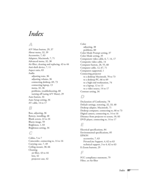 Page 93Index87
Index
A
A/V Mute button, 29, 37
About menu, 32, 39
Accessories, 7, 63
Adapters, Macintosh, 7, 71
Advanced menu, 32, 38
Air filter, cleaning and replacing, 43 to 44
Anti-theft device, 7, 11
Aspect ratio, 83
Audio
adjusting tone, 36
adjusting volume, 36
connecting desktop, 69, 73
connecting laptop, 13
menu, 32, 36
problems, troubleshooting, 60
turning off (using A/V Mute), 29
Auto button, 34
Auto Setup setting, 34
AV cable, 14 to 17
B
Bass, adjusting, 36
Battery, installing, 48
Blank screen, 22 to...