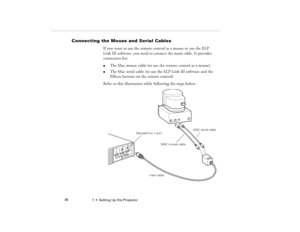 Page 441  •  Setting Up the Projector             36
Connecting the Mouse and Serial Cables
If you want to use the remote control as a mouse or use the ELP 
Link III software, you need to connect the main cable. It provides 
connectors for:l
The Mac mouse cable (to use the remote control as a mouse)
l
The Mac serial cable (to use the ELP Link III software and the 
Effects buttons on the remote control)
Refer to this illustration while following the steps below.   
MAC serial cable
MAC mouse cable
main cable...