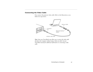 Page 49Connecting to a Computer
41
Connecting the Video Cable
First connect the projector video cable. Refer to this illustration as you 
follow the steps below. 
Note: Some new PowerBooks may allow you to connect the video cable 
directly to the computer without using a video-out cable. See your 
PowerBook manual for additional information on connecting a video 
cable.
video-out cable
projector video cableMacintosh desktop 
adapter Computer 1 
port
5300.book  Page 41  Tuesday, April 13, 1999  4:19 PM 