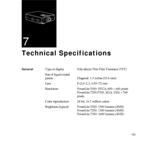 Page 161153
7
Technical Specifications 
GeneralType of display Poly-silicon Thin Film Transistor (TFT)
Size of liquid crystal
panels    Diagonal: 1.3 inches (33.6 mm) 
Lens F=2.0–2.3, f=55–72 mm
Resolution PowerLite 5350: SVGA, 800 × 600 pixels
PowerLite 7250/7350: XGA, 1024 × 768
pixels
Color reproduction 24 bit, 16.7 million colors
Brightness (typical) PowerLite 5350: 1500 lumens (ANSI)
PowerLite 7250: 1300 lumens (ANSI)
PowerLite 7350: 1600 lumens (ANSI) 