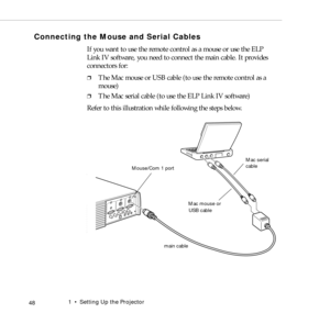 Page 561    Setting Up the Projector
 48
Connecting the Mouse and Serial Cables
If you want to use the remote control as a mouse or use the ELP 
Link IV software, you need to connect the main cable. It provides 
connectors for:
❐The Mac mouse or USB cable (to use the remote control as a 
mouse)
❐The Mac serial cable (to use the ELP Link IV software)
Refer to this illustration while following the steps below. 
Mac mouse or 
Mouse/Com 1 port
main cableMac serial 
cable
USB cable 