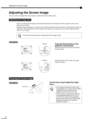 Page 12Adjusting the Screen Image
12
Adjusting the Screen Image
You can correct and adjust the screen image to obtain the best possible picture.
The size of the projected image is basically determined by the distance from the projector to the screen. 
(Quick Setup poster)
If further minor adjustment is required, press the [Zoom] button on the projectors control panel to make the 
adjustment. Minor adjustments can be made to the image size to between a zoom ratio of approximately
1.0 to 1.2 in 33 steps....