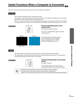 Page 3131
Settings and Useful Functions
Useful Functions When a Computer Is Connected
This section describes the various functions that can be used to enhance presentations.
This function momentarily pauses the image and sound.
For example, it can be used when you do not want to show viewers details of operations such as selecting 
different files while computer images are being projected.
However, if you use this function when projecting moving images, the images and sound will still continue 
to be played...