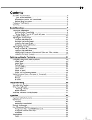 Page 55
Contents
About the Documentation ........................................................................................3
Types of Documentation ....................................................................................3
Conventions Used in This User’s Guide ............................................................3
Getting More Information ...................................................................................3
Features of the Projector...