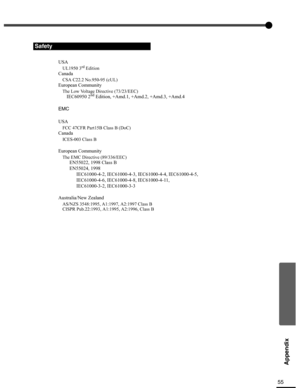 Page 5555
Appendix
USA
UL1950 3rd Edition
Canada
CSA C22.2 No.950-95 (cUL)
European Community
The Low Voltage Directive (73/23/EEC)
IEC60950 2nd Edition, +Amd.1, +Amd.2, +Amd.3, +Amd.4
EMC
USA
FCC 47CFR Part15B Class B (DoC)
Canada
ICES-003 Class B
European Community
The EMC Directive (89/336/EEC)
EN55022, 1998 Class B
EN55024, 1998
IEC61000-4-2, IEC61000-4-3, IEC61000-4-4, IEC61000-4-5,
IEC61000-4-6, IEC61000-4-8, IEC61000-4-11,
IEC61000-3-2, IEC61000-3-3
Australia/New Zealand
AS/NZS 3548:1995, A1:1997,...