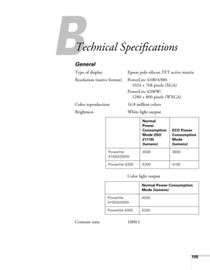 Page 105105
B
Technical Specifications
General
Type of display Epson poly-silicon TFT active matrix
Resolution (native format) PowerLite 4100/4300:
1024 × 768 pixels (XGA)
PowerLite 4200W:
1280 × 800 pixels (WXGA)
Color reproduction 16.8 million colors
Brightness White light output
Color light output
Contrast ratio 1000:1
Normal 
Power 
Consumption 
Mode (ISO 
21118) 
(lumens)ECO Power 
Consumption 
Mode 
(lumens)
Powerlite 
4100/4200W4500 3600
Powerlite 4300 5200 4160
Normal Power Consumption 
Mode (lumens)...