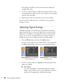 Page 5858Fine-Tuning the ProjectorHue changes the balance of color, and saturation changes the 
strength of the color.
5. Use the  pointer button to adjust the hue and saturation. You 
see the adjustments reflected on the screen. When you are satisfied 
with the color, press 
Esc.
6. Repeat steps 4 and 5 for each color axis you want to adjust.
You may need to readjust the color as the lamp in your projector 
changes over time.
Adjusting Signal Settings
Although the projector normally detects and optimizes the...