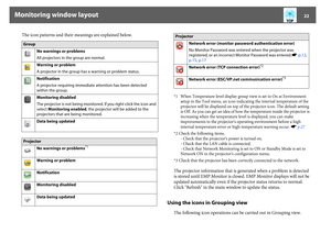 Page 22Monitoring window layout
22
The icon patterns and their meanings are explained below.
*1 When Temperature level display group view is set to On at Environment 
setup in the Tool menu, an icon indicating the internal temperature of the 
projector will be displayed on top of the projector icon. The default setting 
is Off. As you can get an idea of how the temperature inside the projector is 
increasing when the temperature level is displayed, you can make 
improvements to the projector's operating...