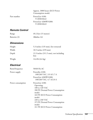 Page 107Technical Specifications107
Approx. 3000 hours (ECO Power 
Consumption mode)
Part number PowerLite 4100:
V13H010L62
PowerLite 4200W/4300:
V13H010L63
Remote Control
Range 49.2 feet (15 meters)
Batteries (2) Alkaline AA
Dimensions
Height 5.3 inches (135 mm), feet retracted 
Width 18.5 inches (470 mm)
Depth 12.3 inches (311.5 mm), not including 
lens
Weight 14.6 lb (6.6 kg)
Electrical
Rated frequency 50/60 Hz AC
Power supply Powerlite 4100:
100/240 VAC, 3.9 A/1.7 A
PowerLite 4200W/4300:
100/240 VAC, 4.7...