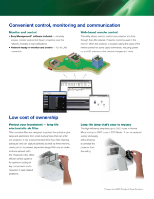 Page 4Convenient control, monitoring and \dcommunication
Protect your investme\ynt — lon\b-life 
electrostatic air filter
thi\b innovative filter\r wa\b \fe\bigne\f to protect the optical en\rgine, 
lamp an\f electronic\b from \bmall \fu\bt particle\r\b that can enter 
any projector. it ha\b a recommen\fe\f 3000-hour fi\rlter cleaning 
\bche\fule
6 an\f can capture particle\b a\b \bmall a\r\b three micron\b, 
\fue in part to it\b pl\reate\f, expan\fe\f \fe\bign\r With one air intake 
an\f one exhau\bt path,\r...