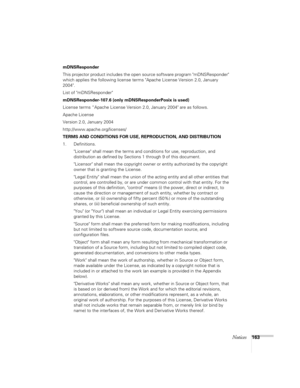 Page 163Notices163
49General Notes 147
mDNSResponder
This projector product includes the open source software program mDNSResponder 
which applies the following license terms Apache License Version 2.0, January 
2004.
List of mDNSResponder
mDNSResponder-107.6 (only mDNSResponderPosix is used)
License terms “Apache License Version 2.0, January 2004 are as follows.
Apache License
Version 2.0, January 2004
http://www.apache.org/licenses/
TERMS AND CONDITIONS FOR USE, REPRODUCTION, AND DISTRIBUTION
1. Definitions....