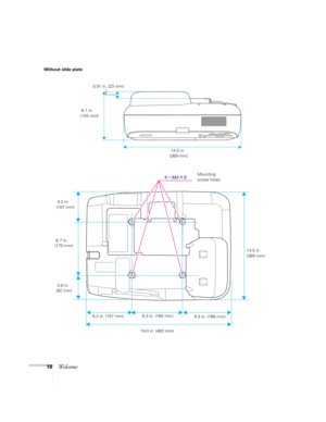 Page 1818Welcome
14.5 in. 
(369 mm)
6.3 in. (160 mm)  4.2 in. 
(107 mm)
6.2 in. (157 mm)
19.0 in. (483 mm)  6.7 in. 
(170 mm)
6.5 in. (166 mm)Mounting 
screw holes Without slide plate
 3.6 in. 
(92 mm)
 6.1 in. 
(155 mm)0.91 in. (23 mm)
 14.5 in. 
(369 mm) 