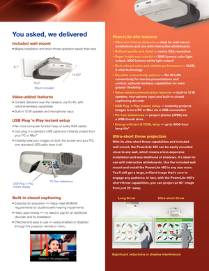 Page 3Epson PowerLite® 460 
Multi Media projector
You asked, we delivered
Included wall mount
• Makes installation and short-throw operation easier than ever
Value-added features
• Content delivered over the network, via RJ-45, with 
   optional wireless capabilities 
• Built-in 10 W speaker and microphone input 
USB Plug ’n Play instant setup
• No more computer function keys or bulky VGa  cables
• Just plug in a standard USB cable and instantly project from 
   your 
pc  or Mac
®
• Instantly view your images...