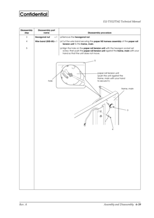 Page 102Rev. A Assembly and Disassembly   6-39 EU-T532/T542 Technical Manual
Confidential
3
Hexagonal nut´1o
 Remove the 
hexagonal nut.
4
Wire band (SKB-85)´1o
 Cut the wire band securing the 
paper NE harness assembly of the
 paper roll 
tension unit to the 
frame, main.
5o
 Align the hole on the 
paper roll tension unit with the hexagon socket set 
screw; then push the 
paper roll tension unit against the 
frame, main with your 
hand so that the unit does not move. Disassembly 
stepDisassembly part 
name...