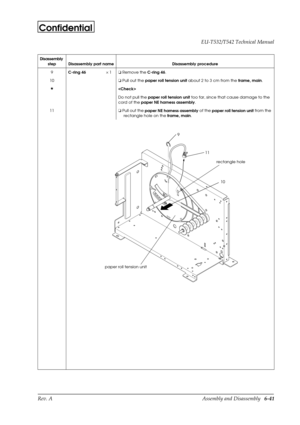 Page 104Rev. A Assembly and Disassembly   6-41 EU-T532/T542 Technical Manual
Confidential
Disassembly 
step Disassembly part name Disassembly procedure
9
C-ring 46´1o
 Remove the 
C-ring 46.
10o
 Pull out the
 paper roll tension unit about 2 to 3 cm from the 
frame, main.
H

Do not pull the 
paper roll tension unit too far, since that cause damage to the 
cord of the 
paper NE harness assembly.
11o
 Pull out the
 paper NE harness assembly of the 
paper roll tension unit from the 
rectangle hole on the 
frame,...