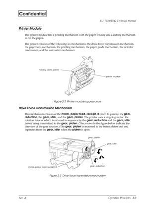 Page 14Rev. A Operation Principles   2-3 EU-T532/T542 Technical Manual
Confidential
Printer Module
The printer module has a printing mechanism with the paper feeding and a cutting mechanism 
to cut the paper. 
The printer consists of the following six mechanisms: the drive force transmission mechanism, 
the paper feed mechanism, the printing mechanism, the paper guide mechanism, the detector 
mechanism, and the autocutter mechanism.
Figure 2-2  Printer module appearance
Drive Force Transmission Mechanism
This...