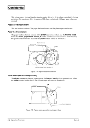 Page 152-4   Operation Principles Rev. A
Confidential
This printer uses a 4-phase bi-polar stepping motor driven by 24 V voltage controlled 2-2 phase 
excitation. The maximum drive frequency of 2-2 phase excitation is 1200 pps. [pps: pulses per 
second]
Paper Feed Mechanism
This mechanism consists of the paper feed mechanism and the platen-open mechanism.
Paper feed mechanism
The paper feed mechanism consists of the platen
 (paper feed roller) and the thermal head
. 
When the motor, paper feed, receipt, B...