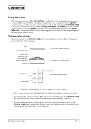 Page 172-6   Operation Principles Rev. A
Confidential
Printing Mechanism
This mechanism consists of the thermal head
 which has the head heating elements arranged in 
a series and has a driver IC for controlling voltage to the head heating elements, the platen
 
which is also used for the paper feed mechanism as well as this mechanism (the thermal head
 
is also used for both mechanisms), and the spring, press head
. The platen
 presses the thermal 
paper wrapped around the platen
 against the head heating...