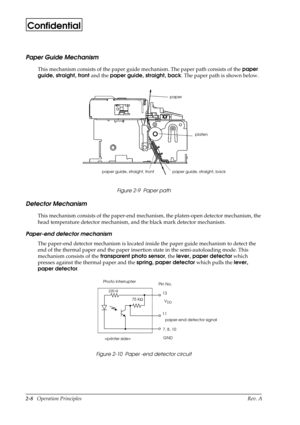 Page 192-8   Operation Principles Rev. A
Confidential
Paper Guide Mechanism
This mechanism consists of the paper guide mechanism. The paper path consists of the paper 
guide, straight, front 
and the paper guide, straight, back
. The paper path is shown below.
Figure 2-9  Paper path
Detector Mechanism
This mechanism consists of the paper-end mechanism, the platen-open detector mechanism, the 
head temperature detector mechanism, and the black mark detector mechanism.
Paper-end detector mechanism
The paper-end...