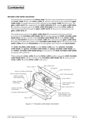 Page 232-12   Operation Principles Rev. A
Confidential
Movable cutter blade mechanism
This mechanism is mounted on the frame, base
. The drive force transmission mechanism is on 
the cover, cutter, H
 side. The motor, cutter, H
, which is a DC brush motor attached the gear, 
cutter motor
. It supplies the power and is attached on the cover, cutter, H
 with screws. The 
gear, cutter worm, H 
is supported by the shaft, reduction A/C
 , and the gear, cutter drive, 
H
 is attached with push nuts to the shaft,...