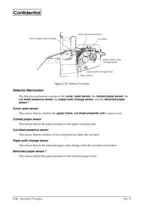 Page 292-18   Operation Principles Rev. A
Confidential
 
Figure 2-26  Retract Function
Detector Mechanism
The detector mechanism consists of the cover, open sensor
, the carried paper sensor
, the 
cut sheet presence sensor
, the paper path change sensor
, and the retracted paper 
sensor 1
. 
Cover open sensor
This sensor detects whether the upper frame, cut sheet presenter unit
 is open or not.
Carried paper sensor
This sensor detects the paper presence in the paper carrying route.
Cut sheet presence sensor...