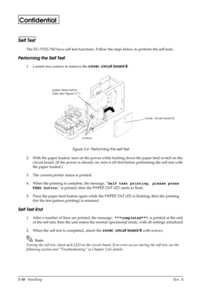 Page 453-10   HandlingRev. A
Confidential
Self Test
The EU-T532/542 have self test functions. Follow the steps below to perform the self tests.
Performing the Self Test
1. Loosen two screws to remove the cover, circuit board B
.
Figure 3-6  Performing the self test
2. With the paper loaded, turn on the power while holding down the paper feed switch on the 
circuit board. (If the power is already on, turn it off first before performing the self test with 
the paper loaded.)
3. The current printer status is...