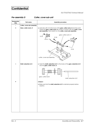 Page 70Rev. A Assembly and Disassembly   6-7 EU-T532/T542 Technical Manual
Confidential
Pre-assembly D Cutter, cover sub-unit
Reassembly
stepPart name Assembly procedure
1
Cutter, cover sub-assembly
ÁGear, cutter worm, Ho
 Lubricate with G-36 the bore of the 
gear, cutter worm, H and the point 
where the 
gear, cutter worm, H comes in contact with the 
cutter, cover 
sub-assembly; then install it on the 
cutter, cover sub-assembly.
3
Shaft, reduction A/Co
  Insert the 
shaft, reduction A/C to the bores of the...