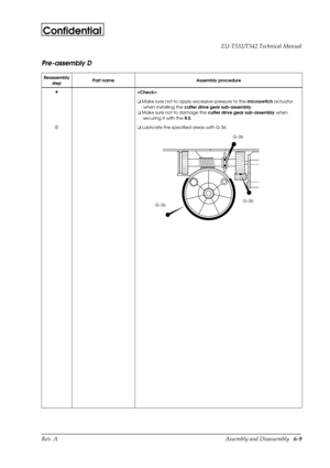 Page 72Rev. A Assembly and Disassembly   6-9 EU-T532/T542 Technical Manual
Confidential
Pre-assembly D
Reassembly
stepPart name Assembly procedure
H

o
 Make sure not to apply excessive pressure to the 
microswitch actuator 
when installing the
 cutter drive gear sub-assembly.
o
 Make sure not to damage the 
cutter drive gear sub-assembly when 
securing it with the 
R.E. 
Åo
 Lubricate the specified areas with G-36.
G-36
G-36G-36 
