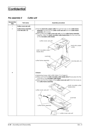 Page 736-10   Assembly and Disassembly Rev. A
Confidential
Pre-assembly E Cutter unit
Reassembly
stepPart name Assembly procedure
1
Cutter cover sub-unit
2
Cutter frame assembly
C.B.S-tite (M3 ´ 
´ ´  ´ 
5)´ 1o
 Pass the 
lead wire, paper cutter through the hole on the 
cutter frame 
assembly and secure the
 cutter cover sub-unit and the 
cutter frame 
assembly with a screw.
o
When putting the 
cutter cover sub-unit and the 
cutter frame assembly 
together, insert the 
shaft, movable cutter blade drive into the...