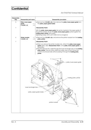 Page 98Rev. A Assembly and Disassembly   6-35 EU-T532/T542 Technical Manual
Confidential
5
Plate, lower paper 
guide´1
C.B.(M3 ´ 
´ ´  ´ 
4)´2o
 Remove two
 C.B.(M3 ´ 
´ ´  ´ 
4)s; then remove the 
plate, lower paper guide from 
the 
plate, paper guide holder.
I

With the 
plate, lower paper guide tab section inserted in the paper guide of 
the printer module, secure the 
plate, lower paper guide pushed against the 
holding plate, printer with screws.
Tightening torque: 539 to 637 mN·m {5.5 to 6.5 kg·cm}
6...