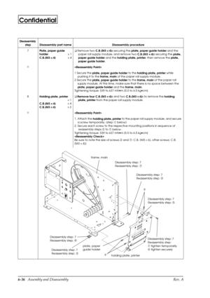 Page 996-36   Assembly and Disassembly Rev. A
Confidential
7
Plate, paper guide 
holder´1
C.B.(M3 ´ 
´ ´  ´ 
4)´4o Remove two 
C.B.(M3 ´ 
´ ´  ´ 
4)s securing the 
plate, paper guide holder and the 
paper roll supply module, and remove two 
C.B.(M3 ´ 
´ ´  ´ 
4)s securing the 
plate, 
paper guide holder and the 
holding plate, printer; then remove the 
plate, 
paper guide holder.
I

1 Secure the 
plate, paper guide holder to the 
holding plate, printer while 
    pushing it to the 
frame, main of the paper roll...