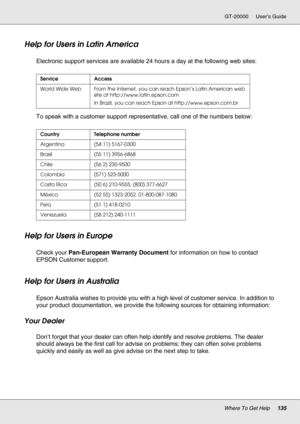 Page 135Where To Get Help135
GT-20000 User’s Guide
Help for Users in Latin America
New :Use Page (pagebusiness)and Scanner products only.Electronic support services are available 24 hours a day at the following web sites:
To speak with a customer support representative, call one of the numbers below:
Help for Users in Europe
Check your Pan-European Warranty Document for information on how to contact 
EPSON Customer support.
Help for Users in Australia
New :For all productsEpson Australia wishes to provide you...