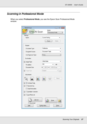 Page 27Scanning Your Originals27
GT-20000 User’s Guide
Scanning in Professional Mode
When you select Professional Mode, you see the Epson Scan Professional Mode 
window. 